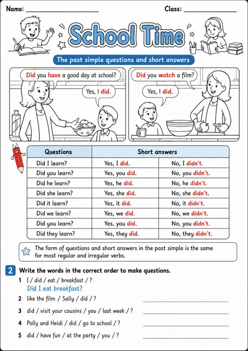 Past Simple Questions: School Time | Grades 3-4 Grammar Worksheet