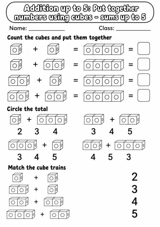 Pre-K Addition up to 5 Math Worksheet Pack