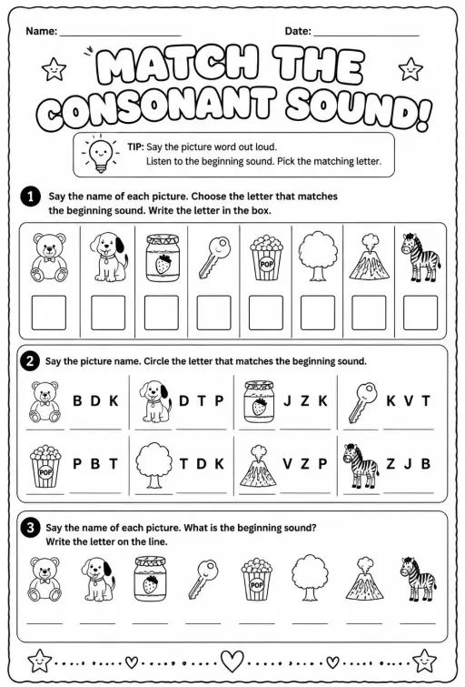 Choose the letter that matches the consonant sound: B, D, J, K, P, T, V, Z