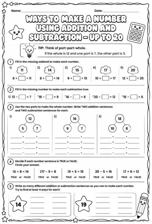 Ways to make a number using addition and subtraction - up to 20