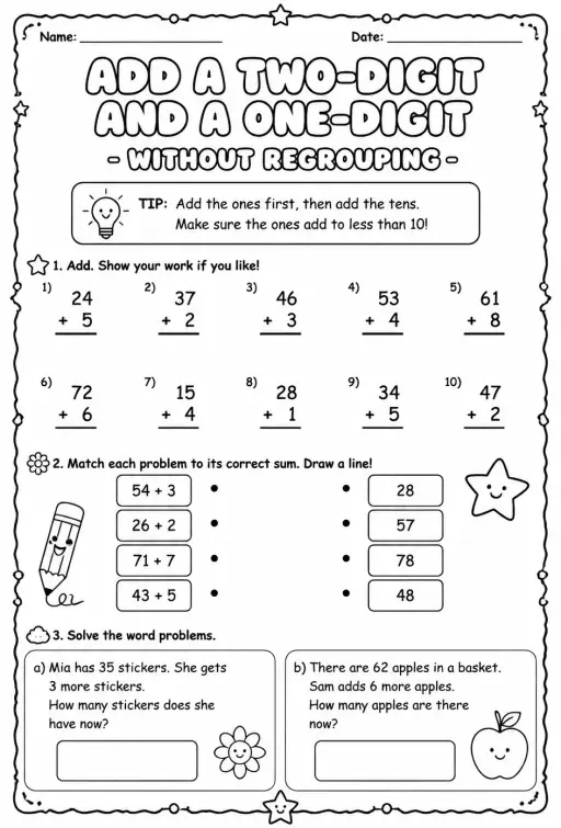 Add a two-digit and a one-digit number - without regrouping