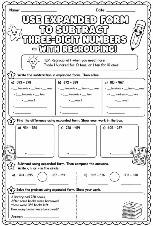 Use expanded form to subtract three-digit numbers - with regrouping