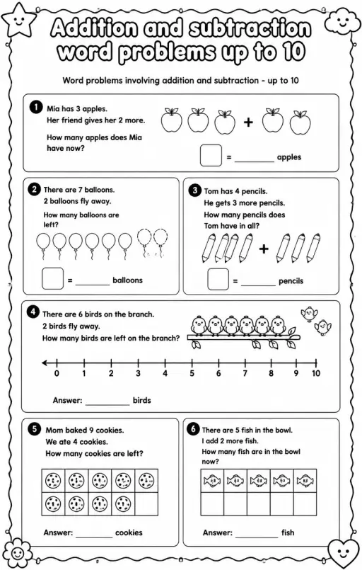Word problems involving addition and subtraction - up to 10