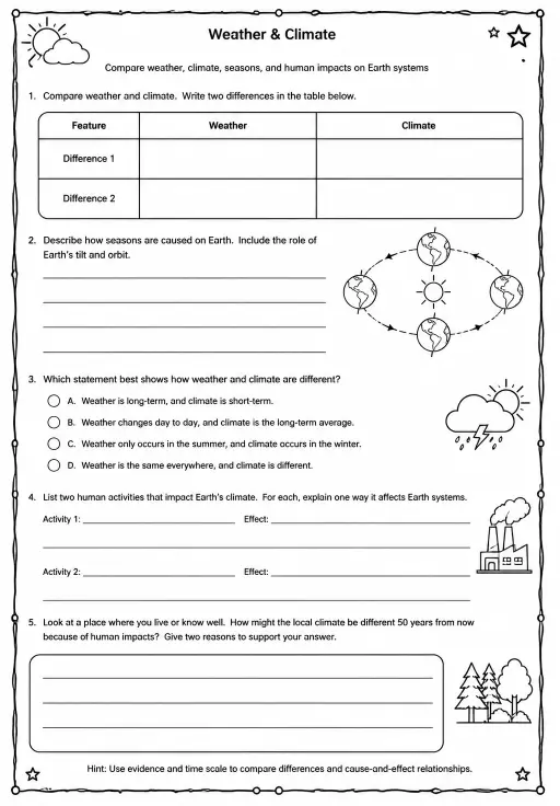 Compare weather, climate, seasons, and human impacts on Earth systems