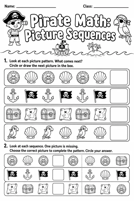 Pirate Math: Picture Sequences Worksheet Pack