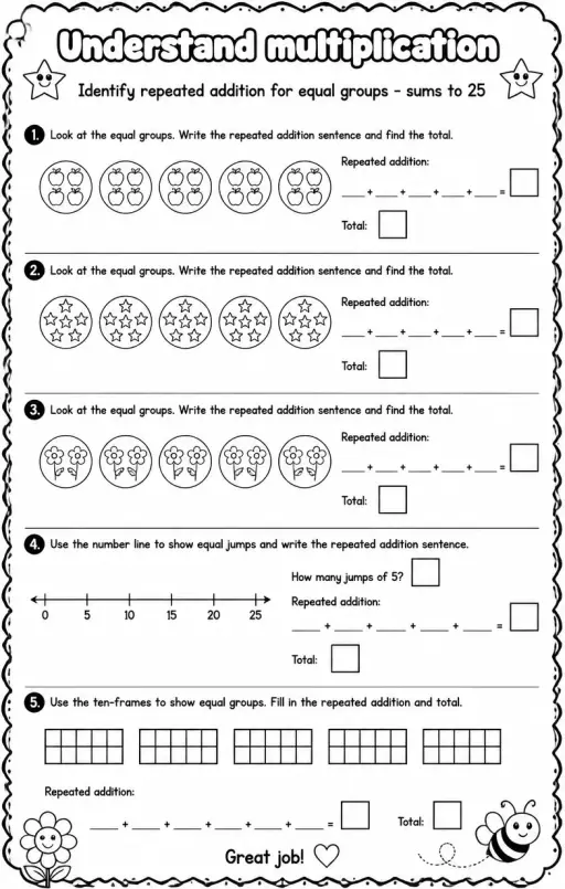 Identify repeated addition for equal groups - sums to 25