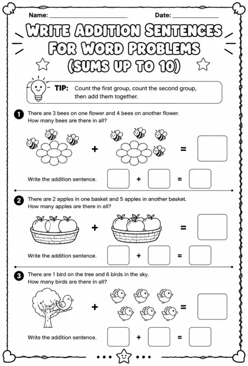 Write addition sentences for word problems with pictures - sums up to 10