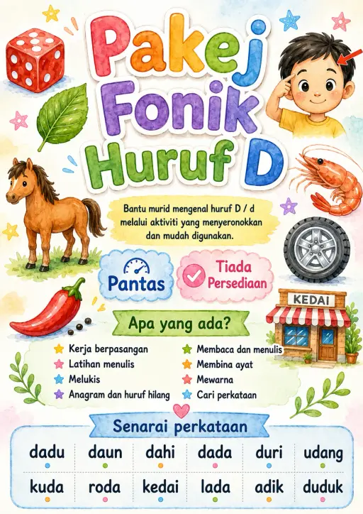Malay Letter D Phonics Worksheets Pack