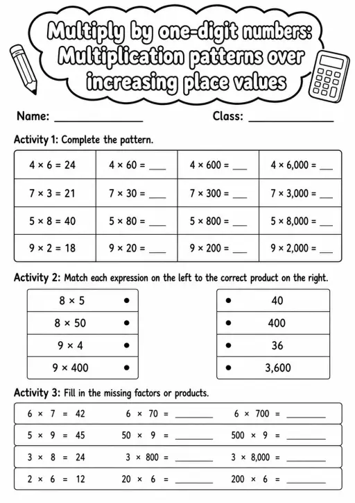 Grade 4 Multiply By One-digit Numbers Math Worksheet Pack