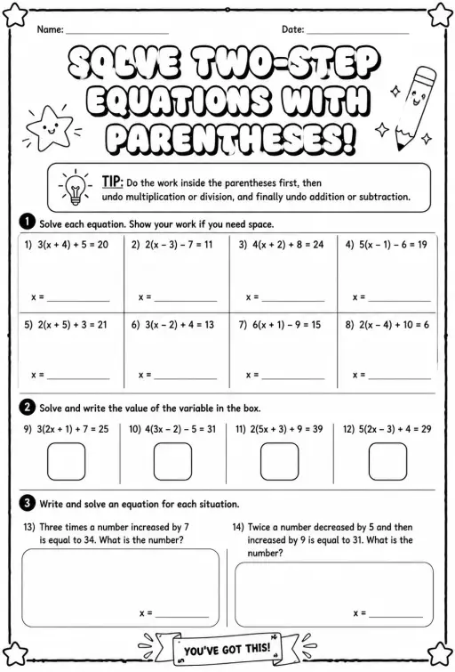 Solve two-step equations with parentheses
