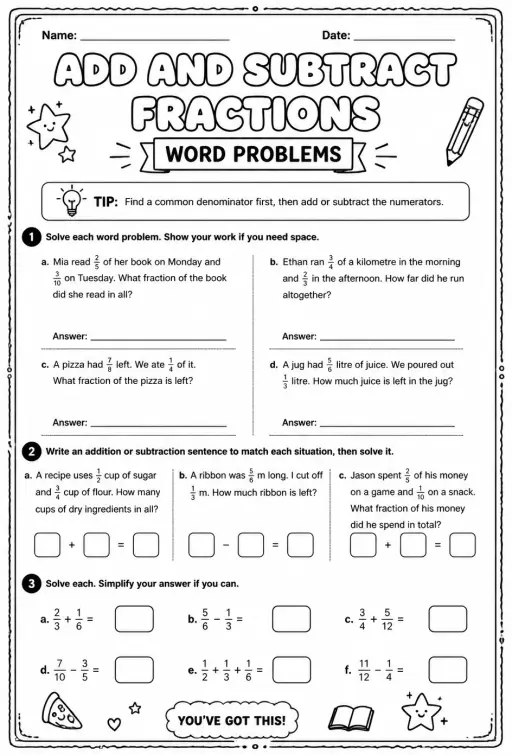 Add and subtract fractions: word problems