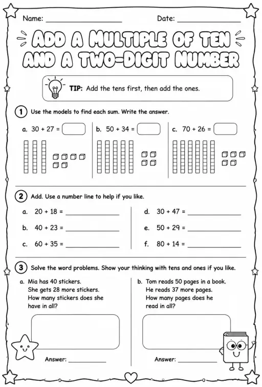 Use models to add a multiple of ten and a two-digit number