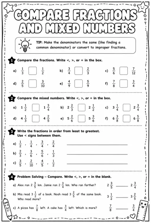 Compare fractions and mixed numbers