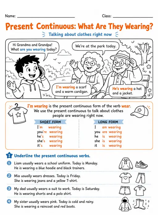Present Continuous: What Are They Wearing? | Grades 2-3 Grammar Worksheet