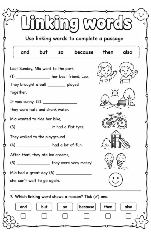 Use linking words to complete a passage
