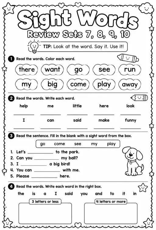 Read sight words: review sets 7, 8, 9, 10