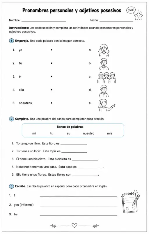 Producir palabras, frases o oraciones en español relacionadas con pronombres sujetos.