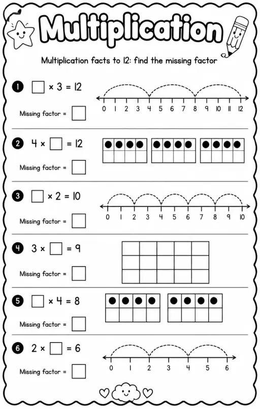 Multiplication facts to 12: find the missing factor