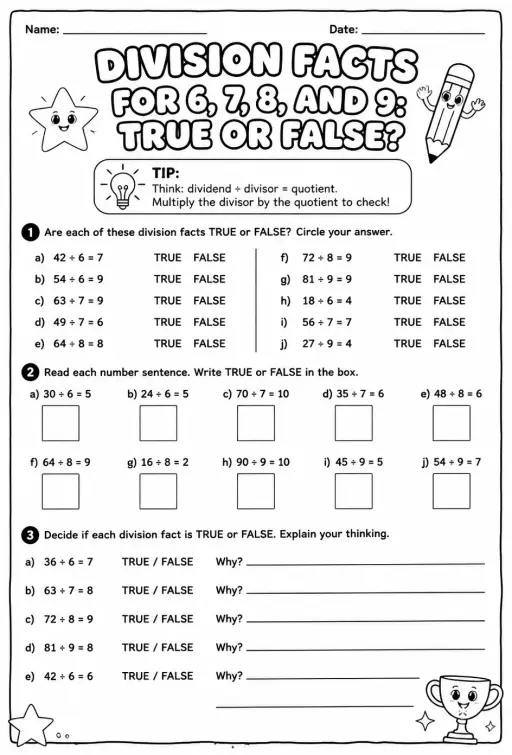Division facts for 6, 7, 8, and 9: true or false?