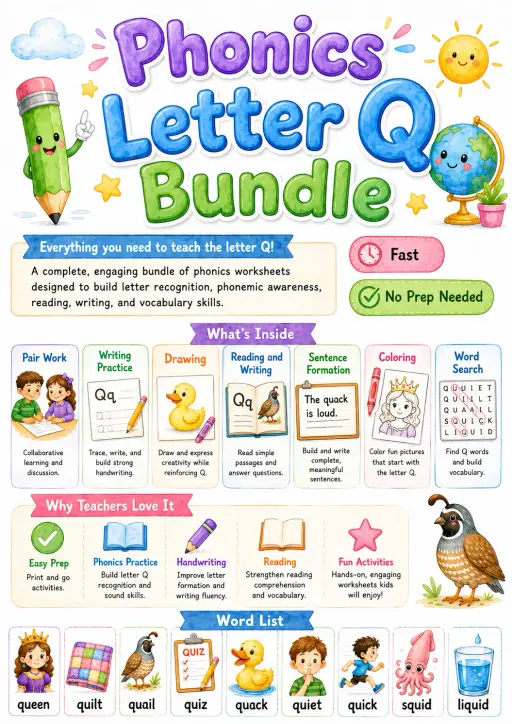 Letter Q Phonics Worksheets Pack