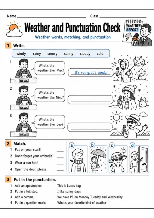 Weather And Punctuation Check | Grades 2-3 Grammar Worksheet