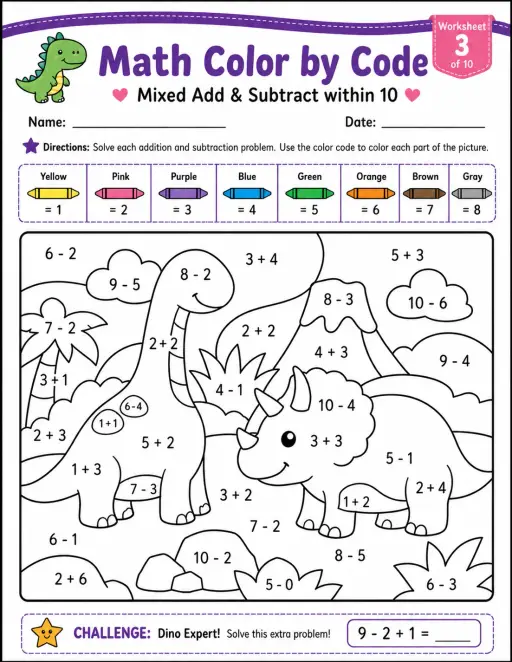 Math Color by Code: Mixed Add & Subtract within 10: Worksheet 3