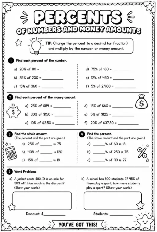 Percents of numbers and money amounts