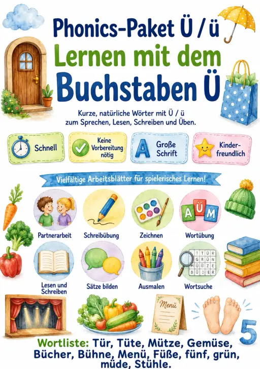 German Letter U Umlaut Phonics Worksheets Pack