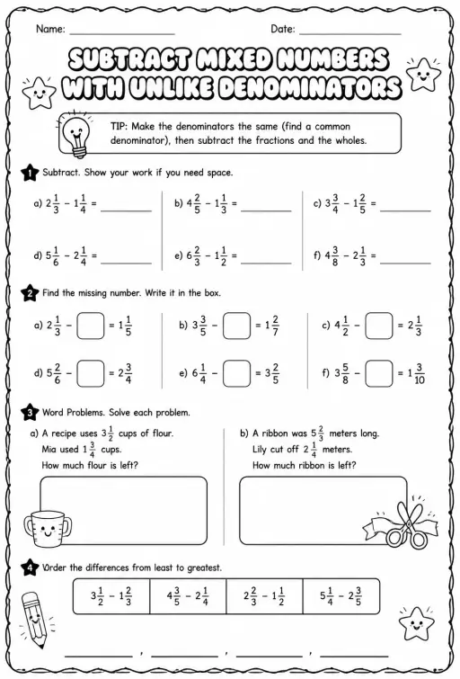 Subtract mixed numbers with unlike denominators