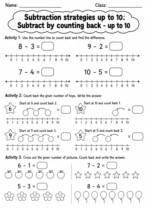 Grade 1 Subtraction Strategies up to 10 Math Worksheet Pack