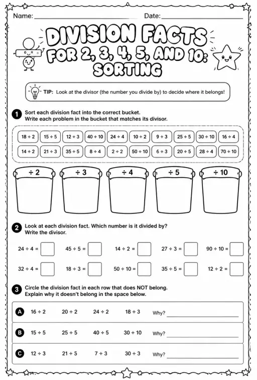 Division facts for 2, 3, 4, 5, and 10: sorting