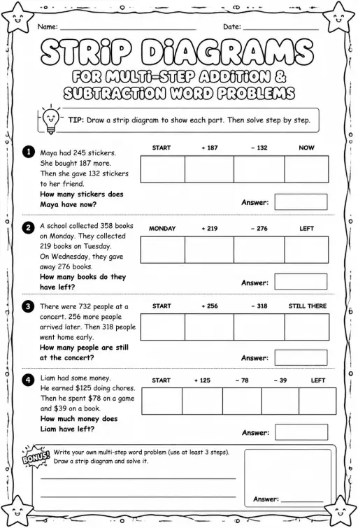 Use strip diagrams to represent and solve multi-step addition and subtraction word problems