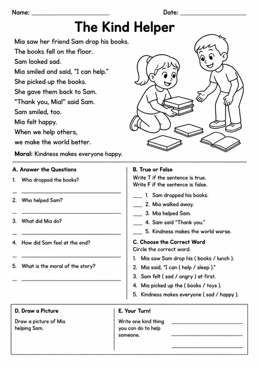 Free Printable Grade 2 ELA Moral Short Stories Reading Worksheet