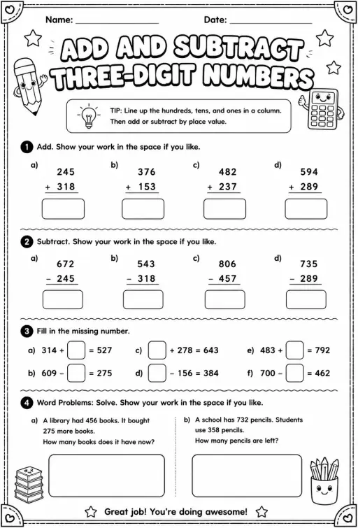 Add and subtract three-digit numbers