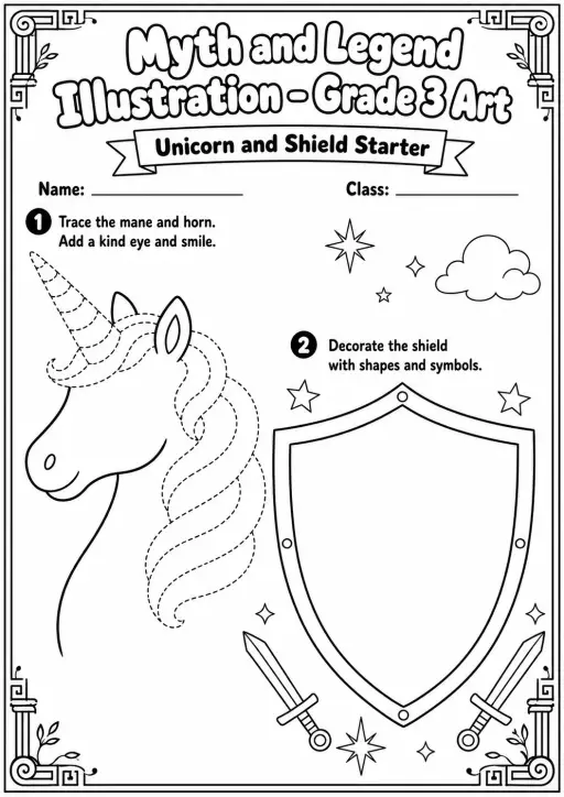 Unicorn and Shield Illustration Worksheet Pack