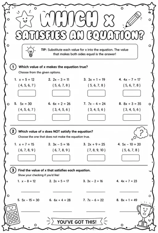Which x satisfies an equation?