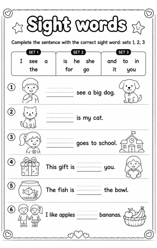 Complete the sentence with the correct sight word: sets 1, 2, 3
