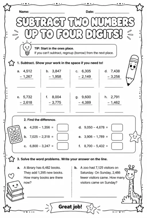 Subtract two numbers up to four digits
