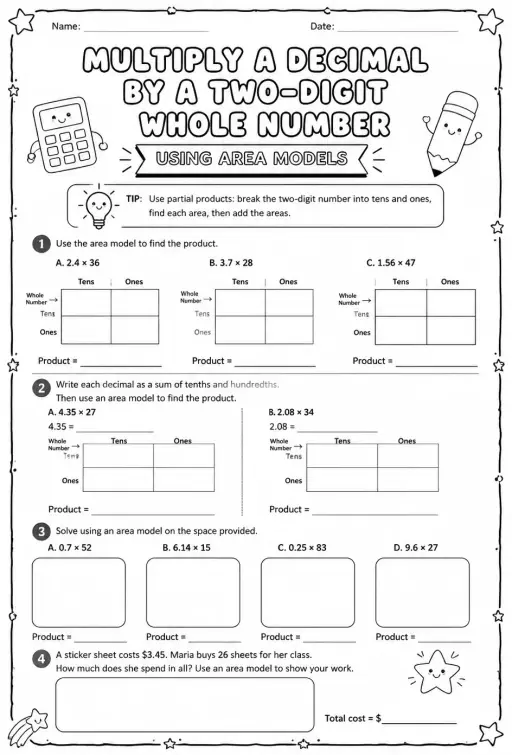 Multiply a decimal by a two-digit whole number using area models
