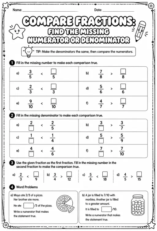 Compare fractions: find the missing numerator or denominator