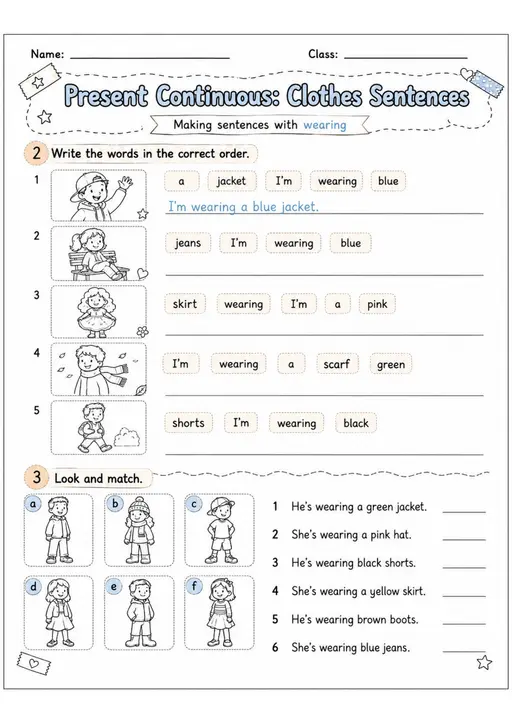 Present Continuous: Clothes Sentences | Grades 2-3 Grammar Worksheet