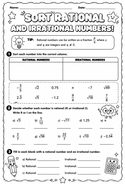 Sort rational and irrational numbers