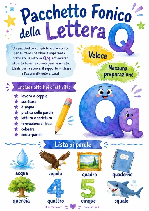 Italian Letter Q Phonics Worksheets Pack