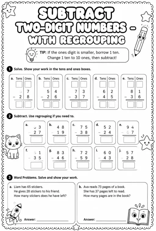 Subtract two-digit numbers - with regrouping