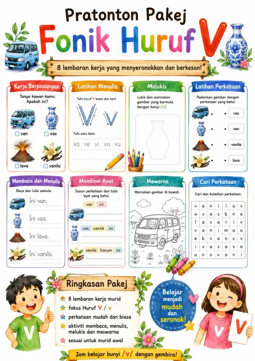 Malay Letter V Phonics Worksheets Pack