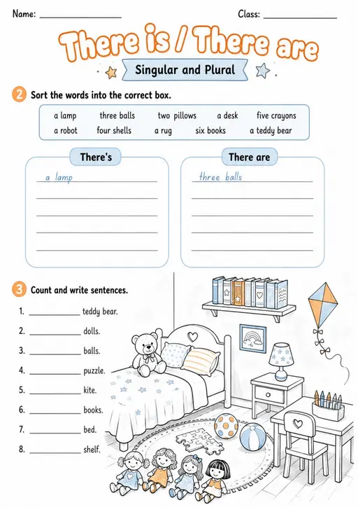 There Is or There Are Singular Plural | Grade 1 Grammar Worksheet