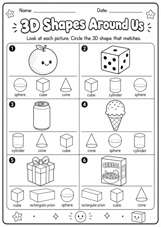 3D Shapes Around Us Geometry Worksheet Pack