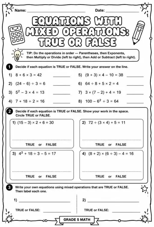 Equations with mixed operations: true or false
