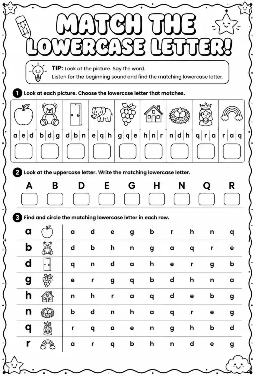 Choose the lowercase letter that matches: a, b, d, e, g, h, n, q, r