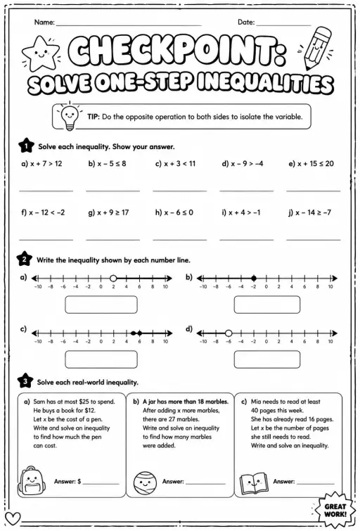 Checkpoint: Solve one-step inequalities